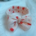 Beige coral fleece headband with red polka dots and a large bow for face washing - Beige Watermelon Red Dots