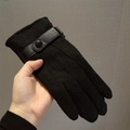 Men's winter wool touchscreen gloves with leather wrist strap and thermal lining - One Size / Black (Ribbed Style)