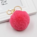 Vibrant rose red faux rabbit fur pompom keychain with golden metal ring and lobster clasp - Watermelon red