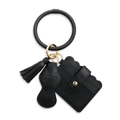 Black leather keychain bracelet set with card holder, tassel and gold hardware - Classic Black