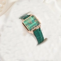 Elegant emerald green square watch with matching green crocodile leather strap on silk - Single Watch