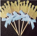 Golden glitter crown cake toppers with light blue satin bows for birthday party decor - Crown Blue 5pcs