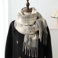 Classic beige and grey plaid scarf with soft fringe details worn over a black winter coat - Beige & Gray Plaid (WT135-4)