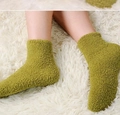 Women's fuzzy slipper socks in soft green coral fleece material for home comfort - Army Green