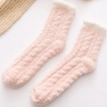 Pink coral fleece thermal crew socks with thick plush knit and white ribbed cuffs - One Size / Pink