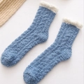Thick coral fleece socks in Morandi blue with white plush trim for winter warmth - One Size / Blue