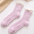 Plush purple coral fleece thermal socks with white faux fur trim and diamond pattern - One Size / Light Purple
