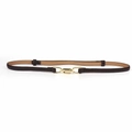 Detail of dark brown slim waist belt featuring a polished gold interlocking metal buckle - Coffee