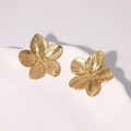 Retro gold stainless steel flower stud earrings with elegant brushed texture finish - Gold