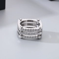 Punk silver mechanical square ring with three layers, studs and crystals in steel - US 8 / Steel