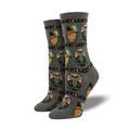 Creative Halloween crew socks featuring owl and witch patterns in grey cotton fabric - Witch Owl Grey