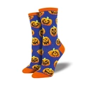 Λεπτομέρεια της πλεκτής μπλε κάλτσας Halloween με πορτοκαλί σχέδια κολοκύθας - Κολοκύθα με Γκριμάτσα Μπλε
