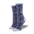 Purple Halloween crew socks featuring black owl patterns with light blue heel and toe detail - Blue Owl Purple