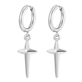 Minimalist silver cross hoop earrings with star pendants on white background - Steel Color Four-pointed Star (MS-587)