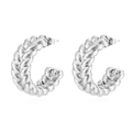 Silver twisted wheat pattern stainless steel C-shaped hoop earrings on white background - Double Twist (MS-578) / Silver