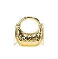 Chic gold crescent moon handbag featuring diamond-quilted texture and a circular ring handle - Gold