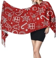 Detail of red Christmas scarf featuring white festive trees, candy canes and fringe tassels - Red - Christmas Gift & Candy Cane