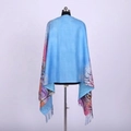 Detail of blue and pink printed scarf with tassels showing fabric texture and fringe - Blue & Pink - Floral Print