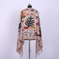 Detail of soft beige Christmas scarf featuring holiday trees, foxes and festive tassels - Beige - Christmas Tree Fox Gift
