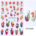 Cartoon style glitter nail stickers with mushrooms and rainbows design, STZ-CS240 model - STZ-CS240 Red Mushroom Rainbow
