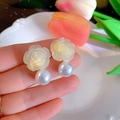 Silver Needle: Beige Camellia + White Pearl Pendant Earrings