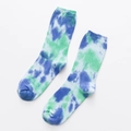 Tie-dye cotton crew socks in blue and green blend for women, flat lay on white background - Cyan