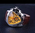 Men's automatic mechanical watch featuring a unique yellow triangular dial and brown leather strap - Triangle Mechanical Yellow Dial / Yellow