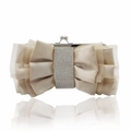 Pochette da sera in raso beige con grande fiocco in tulle e decorazione centrale in strass - Champagne