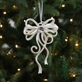 White glitter Christmas bow ornament with faux gem on tree branch, 14cm x 10cm - Bowknot Style