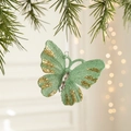 Green butterfly Christmas tree ornament with gold glitter patterns and clear crystals - Butterfly Style