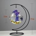 Detail of 27cm black iron stand with a 12cm hanging glass fish bowl and dimensions - Moon Black Stand/Round Bowl (Size M)/With Decor