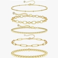 Five-piece gold-plated titanium steel bracelet set featuring bead and paperclip chain links - Gold Mixed Bead Chain And Link Bracelet Set