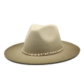 Khaki wool felt fedora hat featuring a vintage gold chain with pearl accents for men and women - M (56-58cm) / Army Green