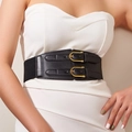 Damen breiter elastischer Taillengürtel mit goldenen Hufeisenschnallen in schwarzem Lederlook - Schwarz
