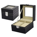 Scatola per orologi in pelle nera con cuciture bianche e due slot di custodia - 2 Posti / Nero/Interno Beige