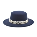 Navy blue flat top wool felt boater hat with decorative white pearl woven band for women - M (56-58cm) / Navy Blue