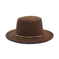 Detail view of dark brown wool fedora with black rope trim and golden metal tube - M (56-58cm) / Coffee