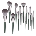 14-piece makeup brush set with dark green handles and silver ferrules on white background - 14Pcs Makeup Brush Set (OPP Bag Packaging)