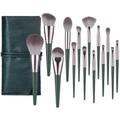 14-piece dark green makeup brush set with soft bristles and matching leather storage roll - 14Pcs Makeup Brush Set (With Dark Green Leather Case)