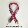 Detail of pink floral embroidery bag strap with gold lobster clasps and metal buckle - Pink Floral / Gold Hooks