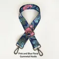 Detail of adjustable floral strap with pink blossoms and gunmetal hardware hooks - Pink-Blue Floral / Gunmetal Hooks
