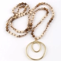 Bohemian long necklace with marble beads and golden double ring textured pendant - Brown Beige Series / Golden Double Ring