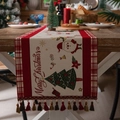 Runner da tavola natalizio beige con motivi scozzesi rossi e scritta Merry Christmas - 35x300cm / Pupazzo di neve a quadri rossi + Nappa rossa
