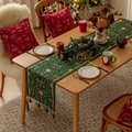 Camino de mesa navideño verde con estampados florales de jacquard y elegantes borlas - Plantas Verdes + Borlas Verdes (no Lavar A Máquina) / 35x300cm