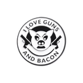 Round enamel pin featuring a cartoon pig with guns and I Love Guns and Bacon text - Pig With Guns Style (qhxz1064)
