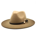 Classic khaki wool fedora hat with elegant black band and gold buckle on white background - M(56-58cm) / Khaki