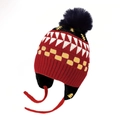 Gebreide kindermuts met oorkleppen en pompon in rood en zwart met jacquard patroon - Oorklep veter stijl / Boom Jacquard-Rood
