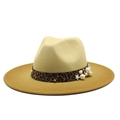Elegant wide brim felt fedora hat with leopard print band and pearl accents on white base - M (56-58cm) / Ginger Yellow