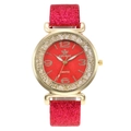 Women's quartz watch with red glitter strap and gold rhinestone case on white background - Red
