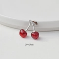 Detailed view of 26x28mm cherry pendant with red resin and silver metal leaf for DIY jewelry - Silver Stem Wine Red Cherry